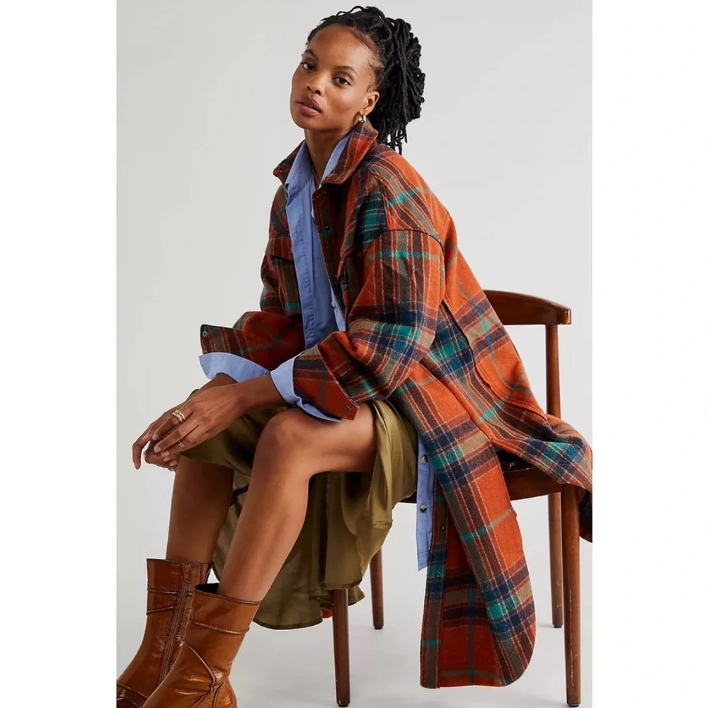 Free People We The Free Cabin Cozy Maxi Shirt Long Plaid Flannel Shacket Jacket